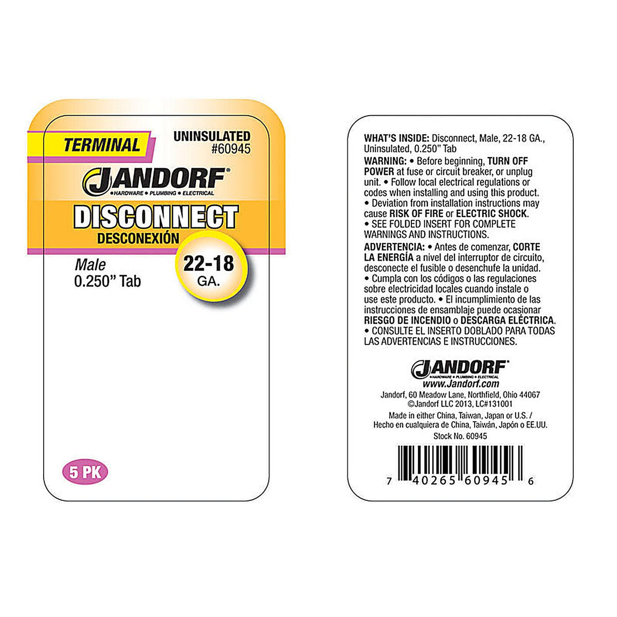 Jandorf - 60945 - 22-18 Ga. Uninsulated Wire Male Disconnect Silver - 5/Pack