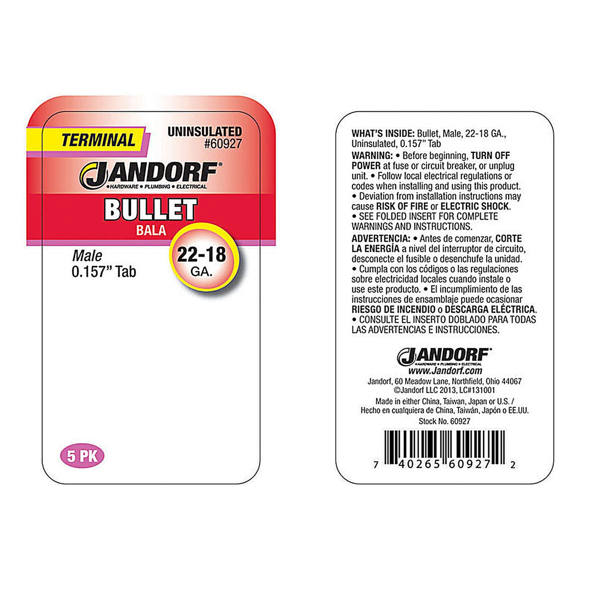 Jandorf - 60927 - 22-18 Ga. Uninsulated Wire Male Bullet Silver - 5/Pack