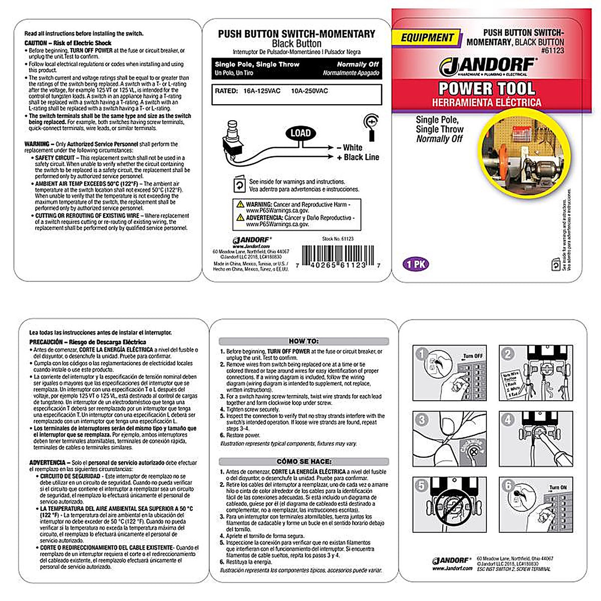 Jandorf - 61123 - 16 amps Single Pole Push Button Power Tool Switch Black/Silver - 1/Pack