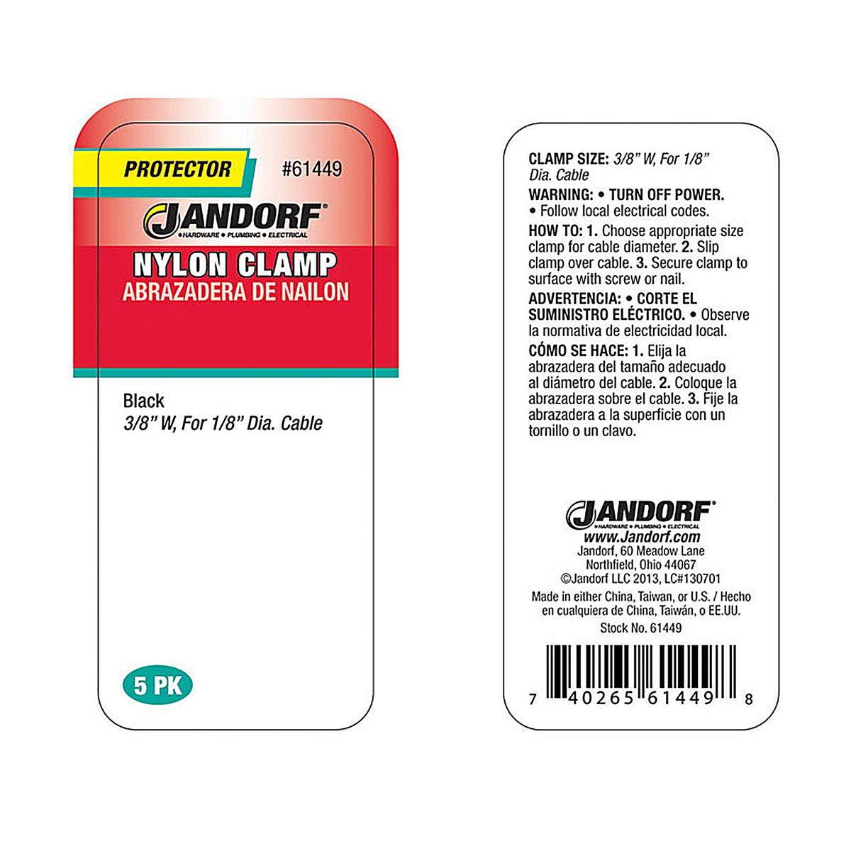 Jandorf - 61449 - 1/8 in. Dia. Nylon Cable Clamp - 5/Pack