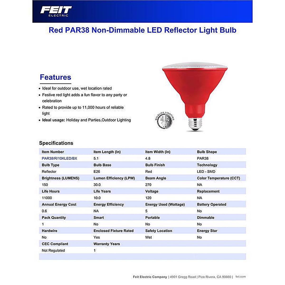 Feit Electric - PAR38R10KLED/BX - PAR38 E26 (Medium) LED Bulb Red 120 W 1 pk
