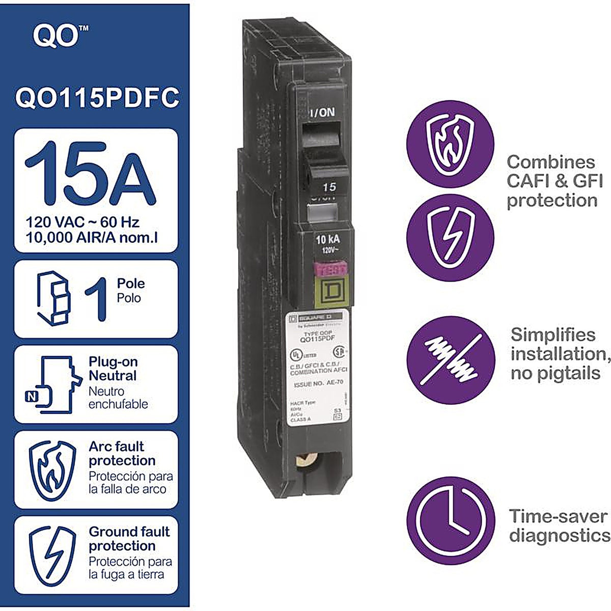 Square D - QO115PDFC - QO 15 amps Arc Fault/Ground Fault Single Pole Circuit Breaker