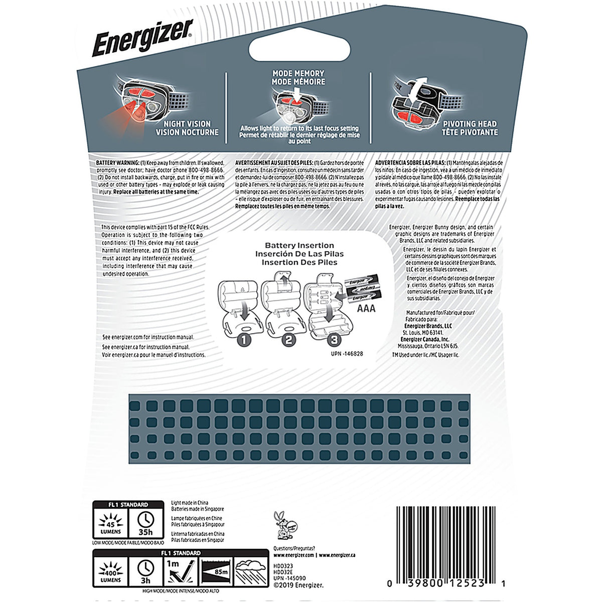Energizer - HDD32E - Vision HD + 400 lm Gray LED Headlight AAA Battery