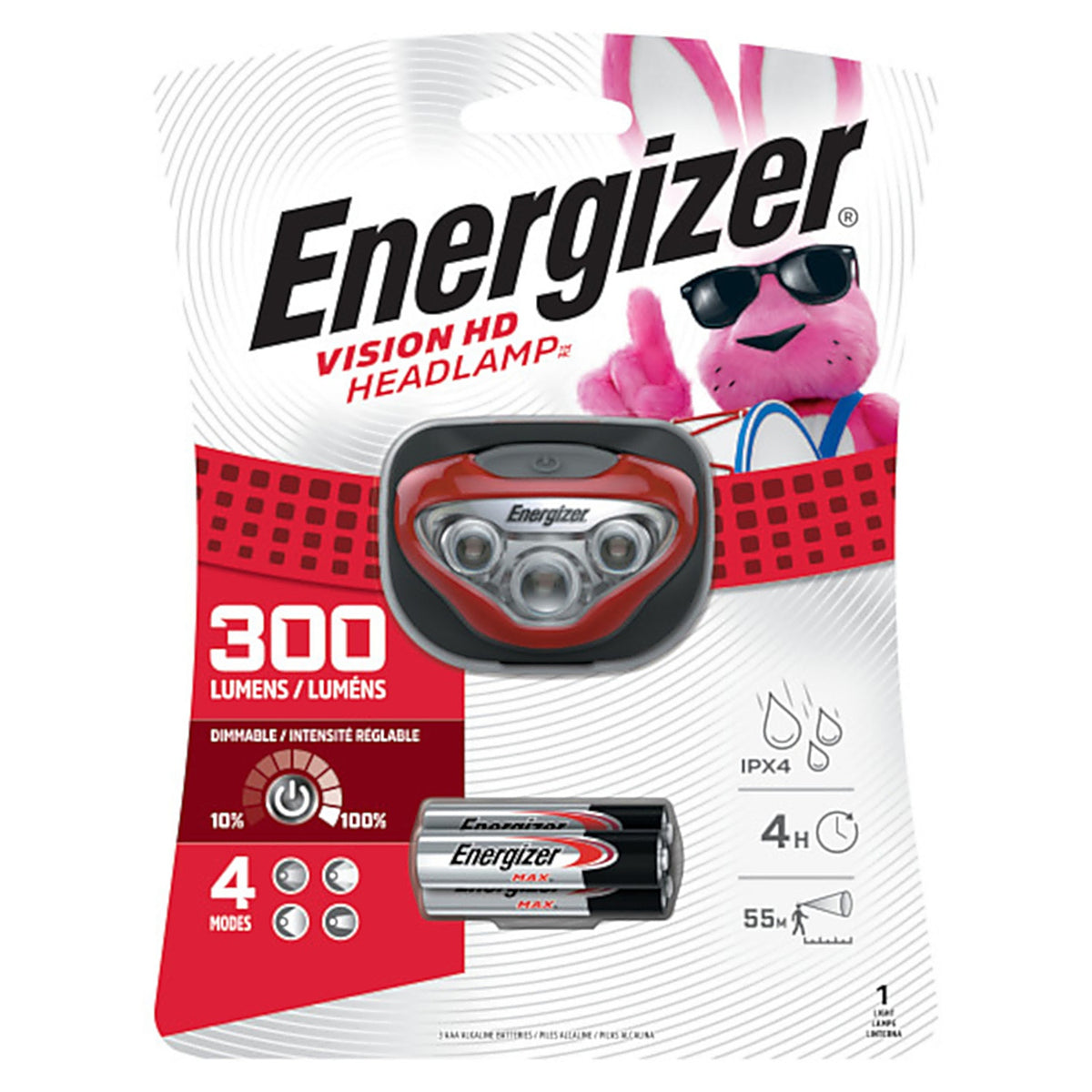 Energizer - HDB32E - Vision HD Headlamp 300 lm Red LED Headlight AAA Battery