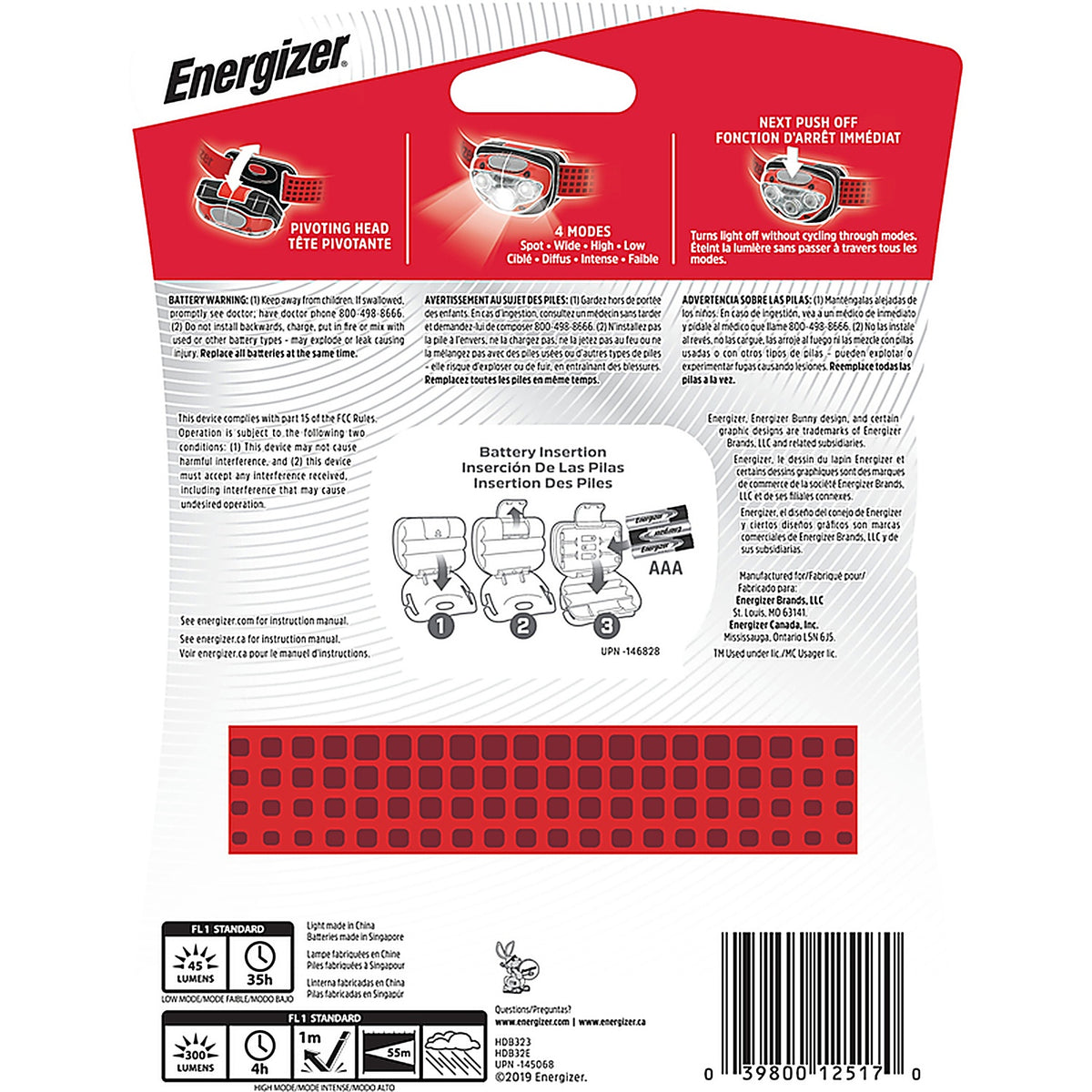 Energizer - HDB32E - Vision HD Headlamp 300 lm Red LED Headlight AAA Battery