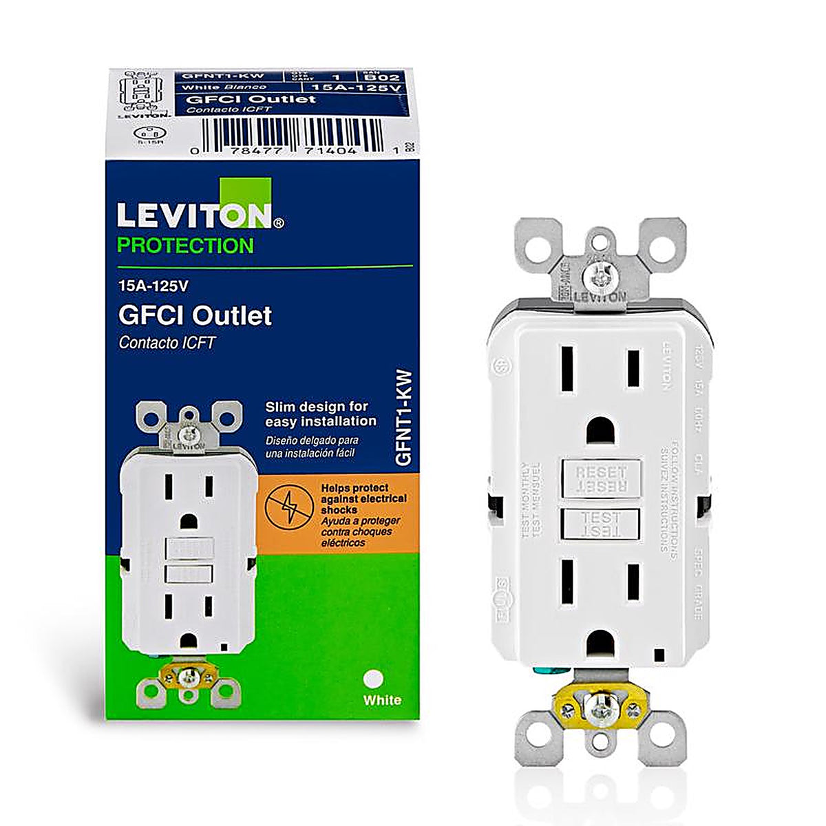 Leviton - GFNT1-0KW - SmartlockPro 15 amps 125 volt Duplex White GFCI Outlet 5-15R - 1/Pack
