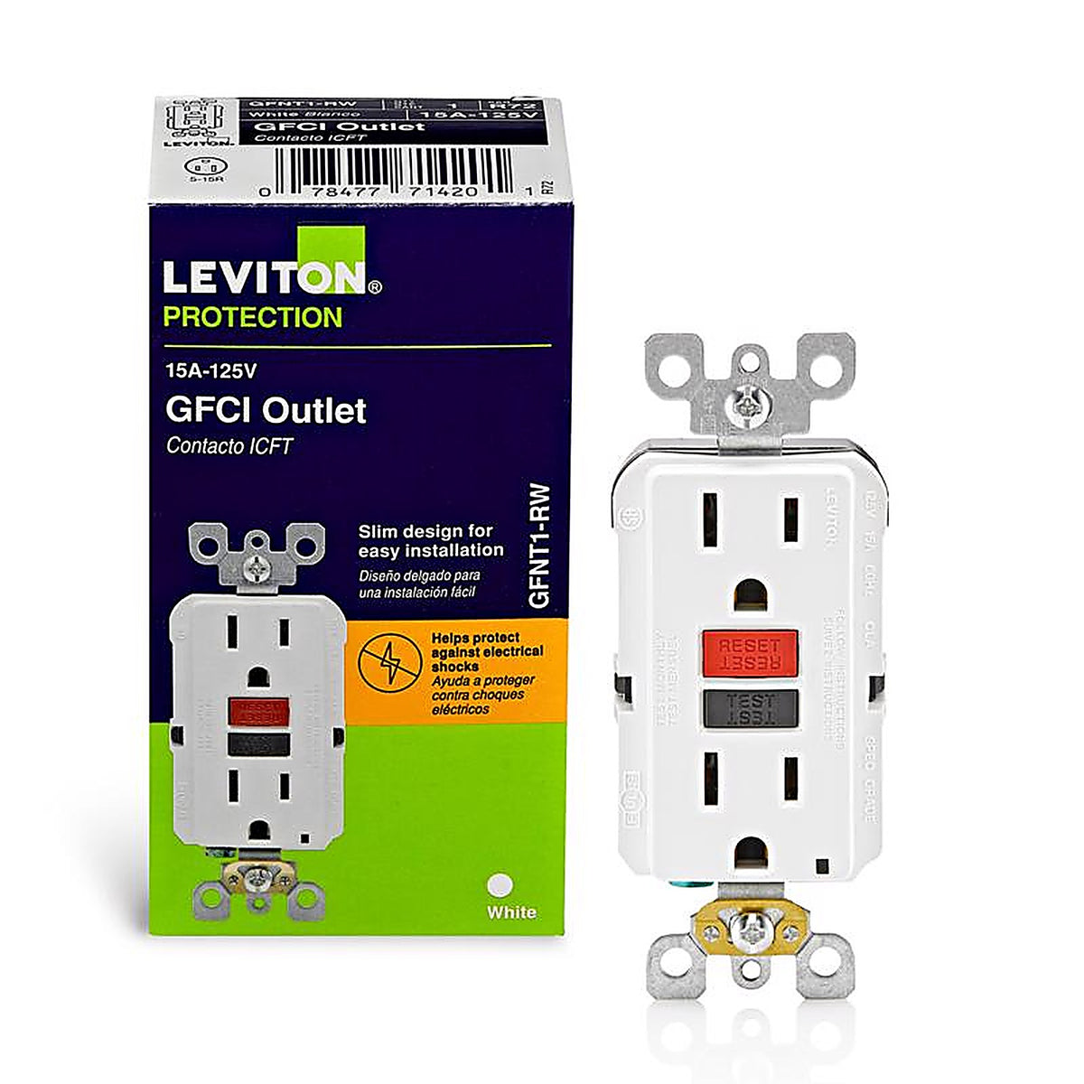 Leviton - GFNT1-0RW - SmartlockPro 15 amps 125 volt Duplex White GFCI Outlet 5-15R - 1/Pack
