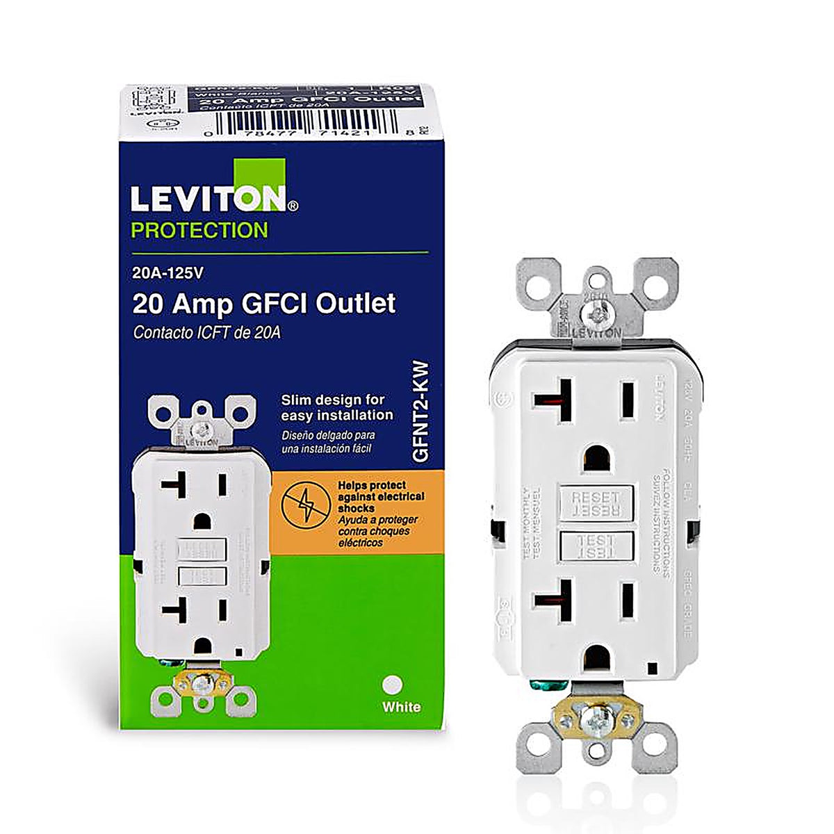 Leviton - GFNT2-0KW - SmartlockPro 20 amps 125 volt Duplex White GFCI Outlet 5-20R - 1/Pack