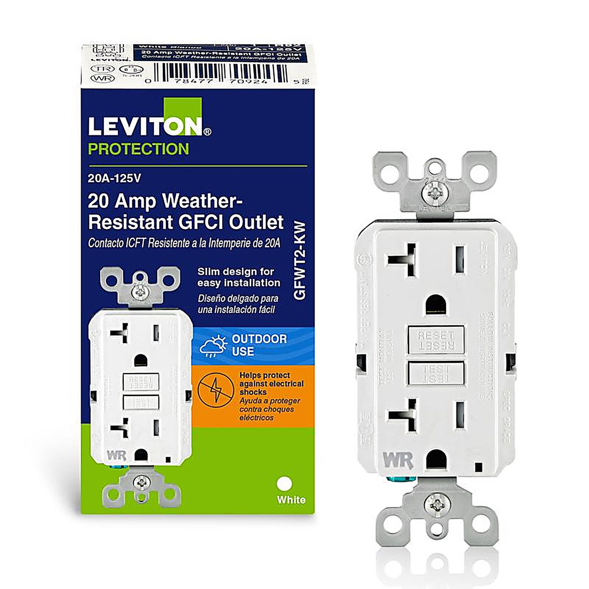 Leviton - GFWT2-0KW - SmartlockPro 20 amps 125 volt Duplex White GFCI Outlet 5-20R - 1/Pack