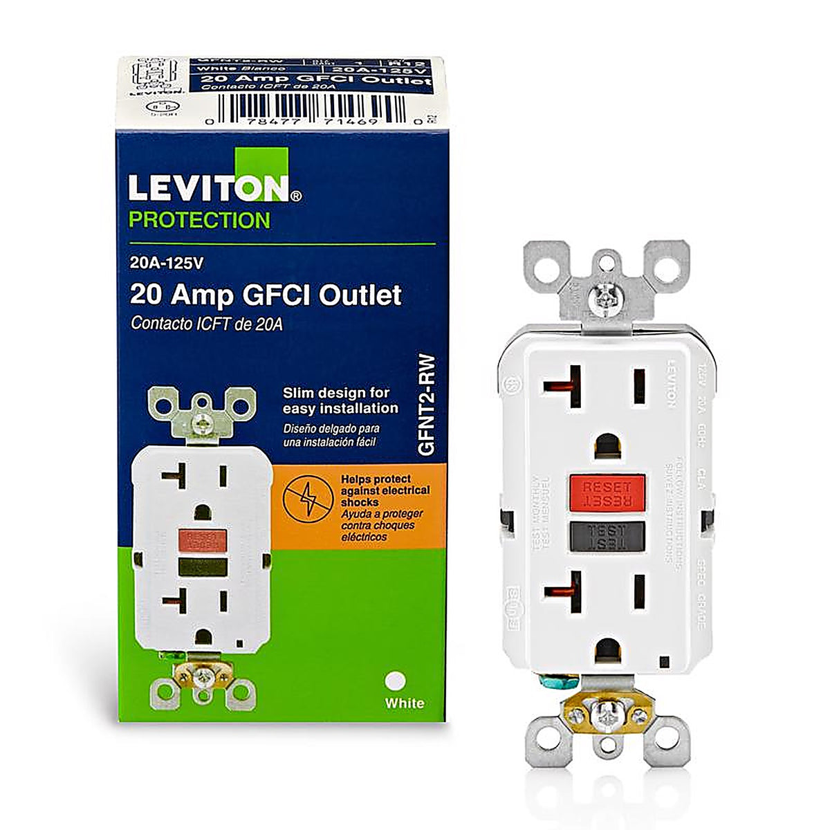 Leviton - GFNT2-0RW - SmartlockPro 20 amps 125 volt Duplex White GFCI Outlet 5-20R - 1/Pack