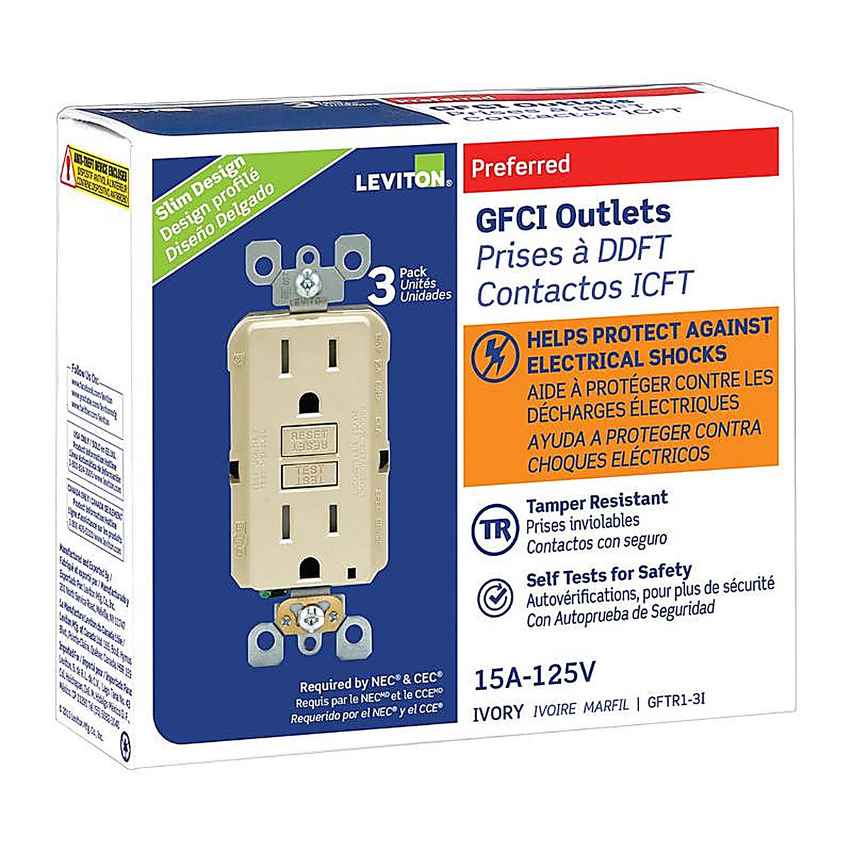 Leviton - GFTR1-03I - SmartlockPro 15 amps 125 volt Duplex Ivory GFCI Outlet 5-15R - 3/Pack