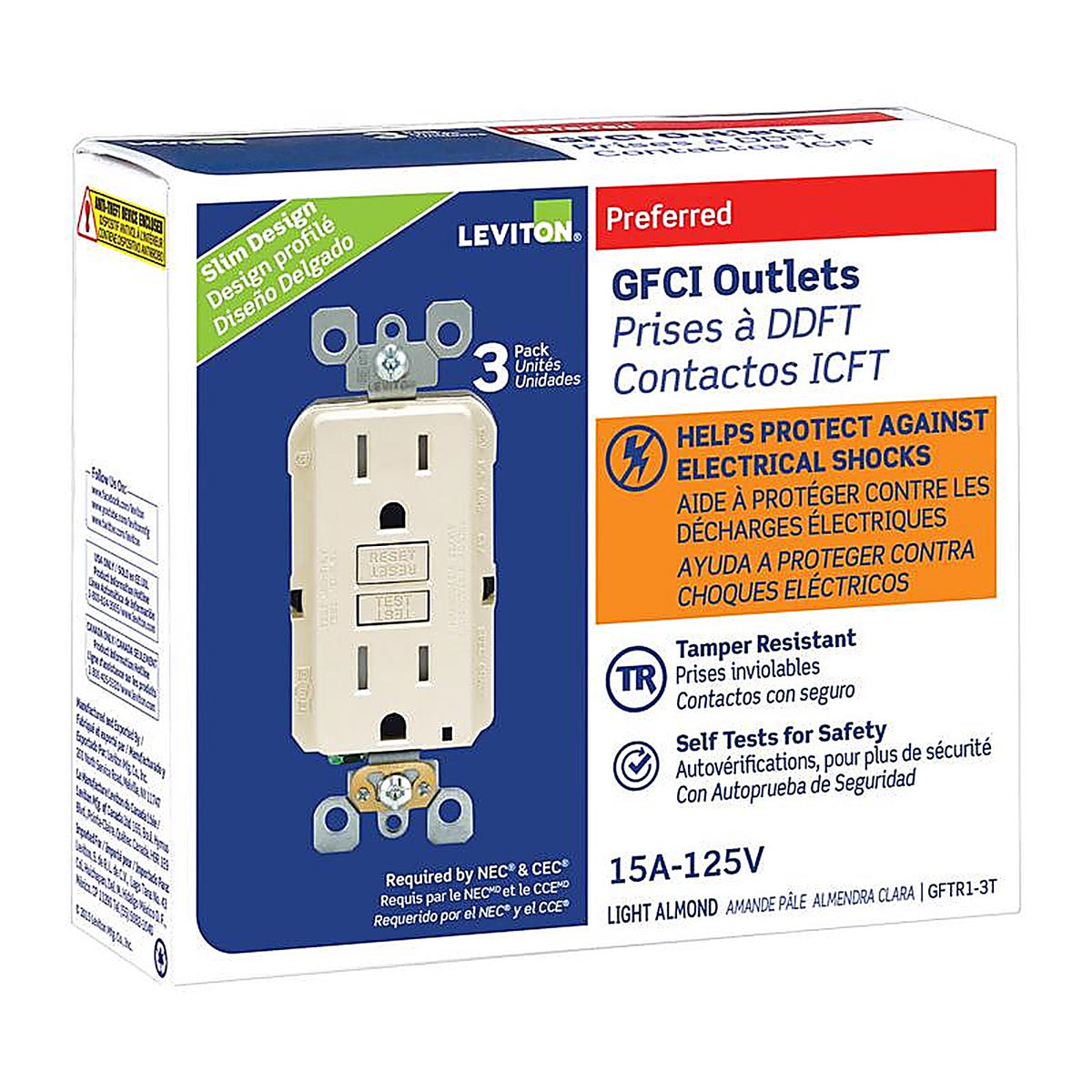 Leviton - GFTR1-03T - SmartlockPro 15 amps 125 volt Duplex Light Almond GFCI Outlet 5-15R - 3/Pack