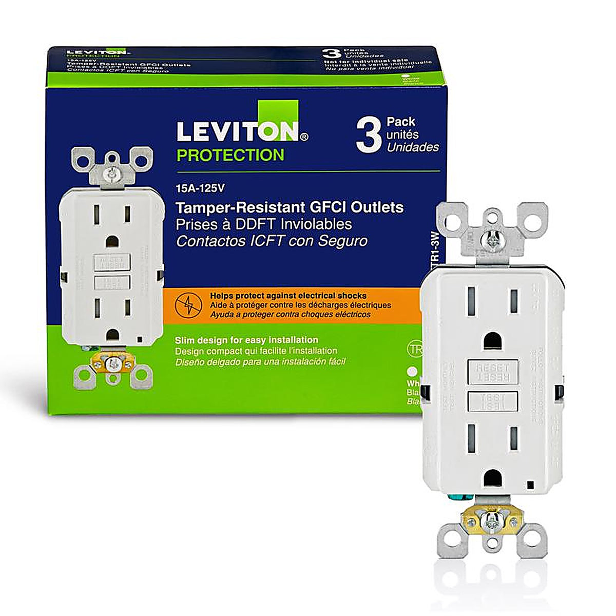 Leviton - GFTR1-03W - SmartlockPro 15 amps 125 volt Duplex White GFCI Outlet 5-15R - 3/Pack