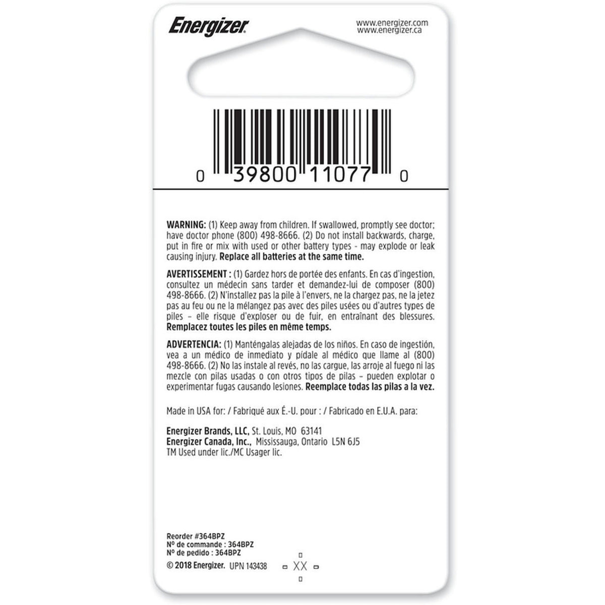 Energizer - 364BPZ - Silver Oxide 364 1.5 V Electronic/Watch Battery 1 pk