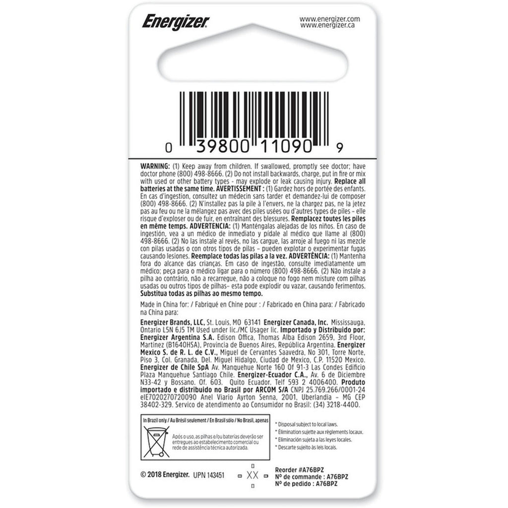 Energizer - A76BPZ - Alkaline A76 1.5 V 150 Ah Button Cell Battery 1 pk