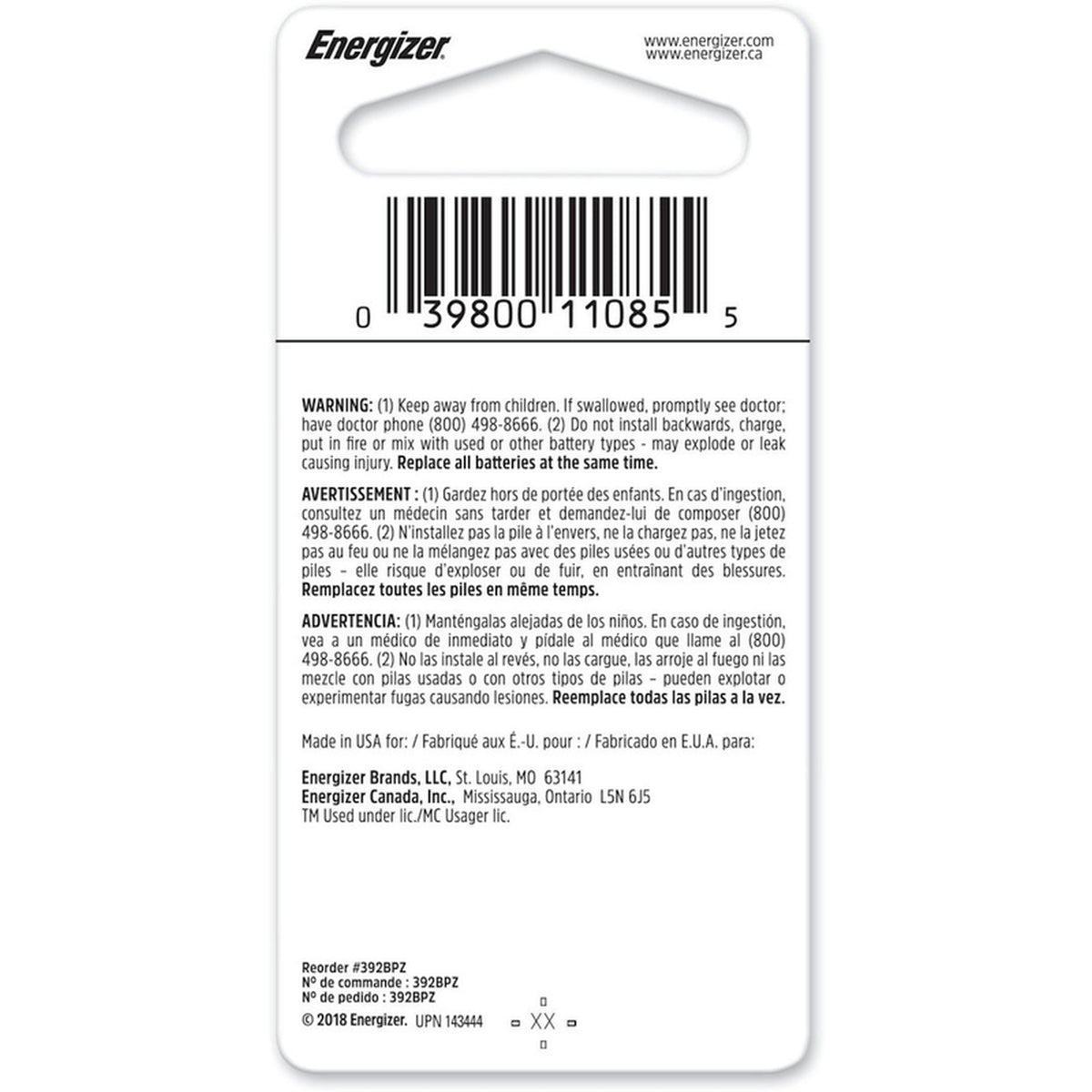Energizer - 392BPZ - Silver Oxide 384/392 1.5 V Electronic/Thermometer/Watch Battery 1 pk
