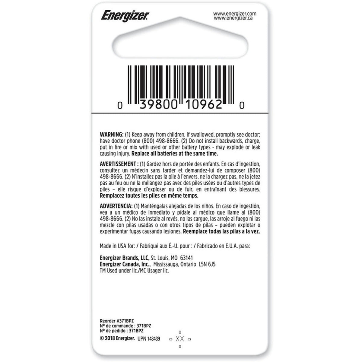 Energizer - 371BPZ - Silver Oxide 370/371 1.5 V Electronic/Watch Battery 1 pk