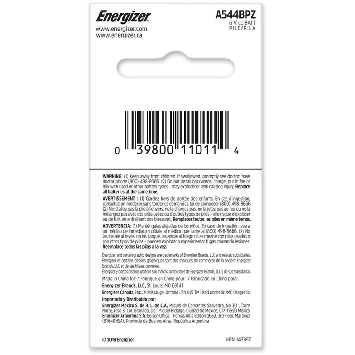 Energizer - A544BPZ - Alkaline A544 6 V Electronics Battery - 1/Pack