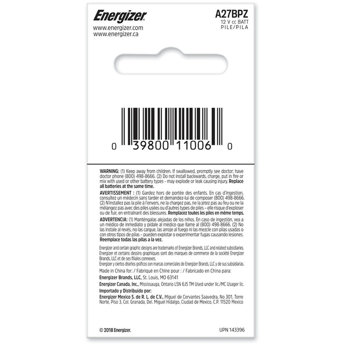 Energizer - A27BPZ - Alkaline A27 12 V Electronics Battery 1 pk