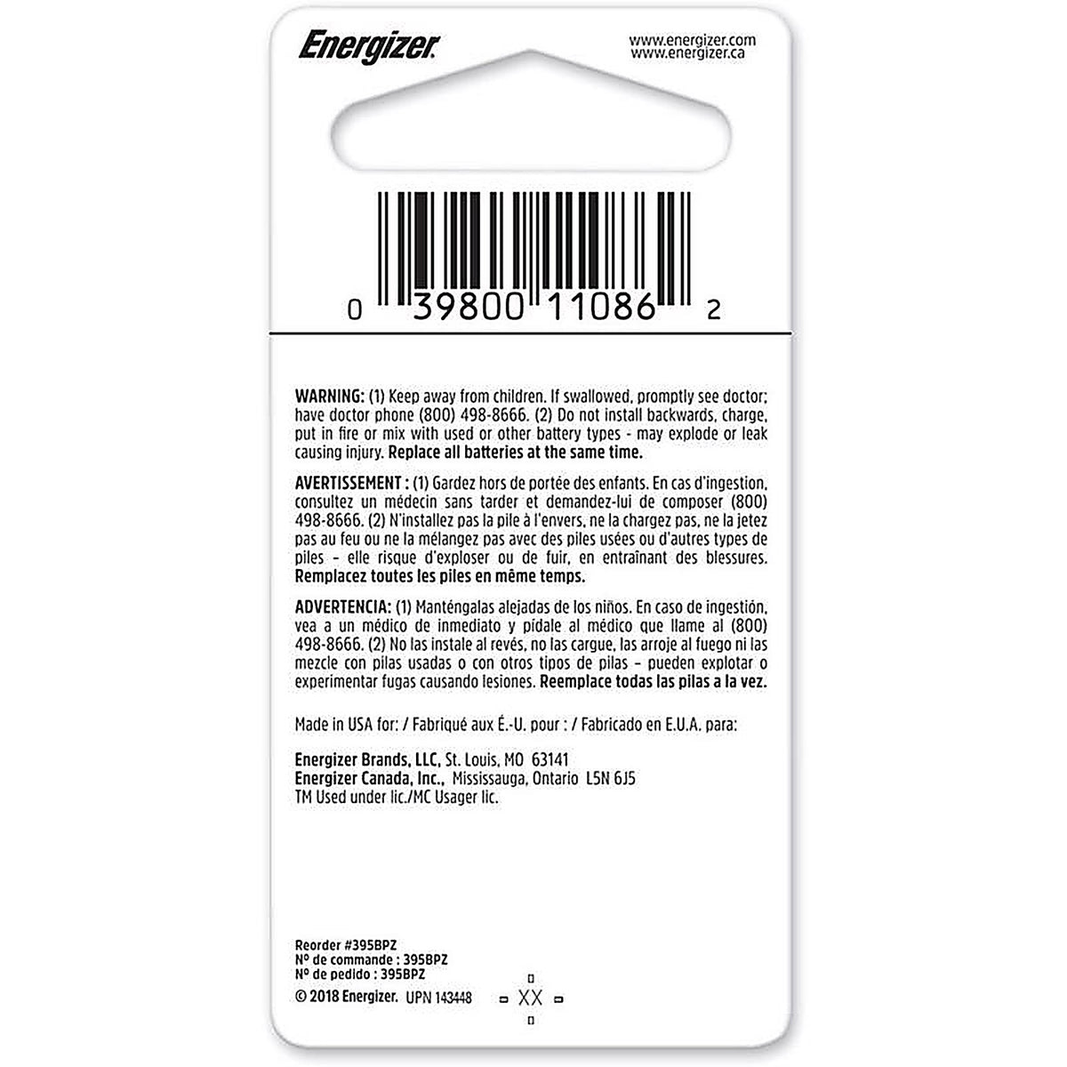 Energizer - 395BPZ - Silver Oxide 395 1.5 V 0.05 Ah Electronic/Watch Battery 1 pk