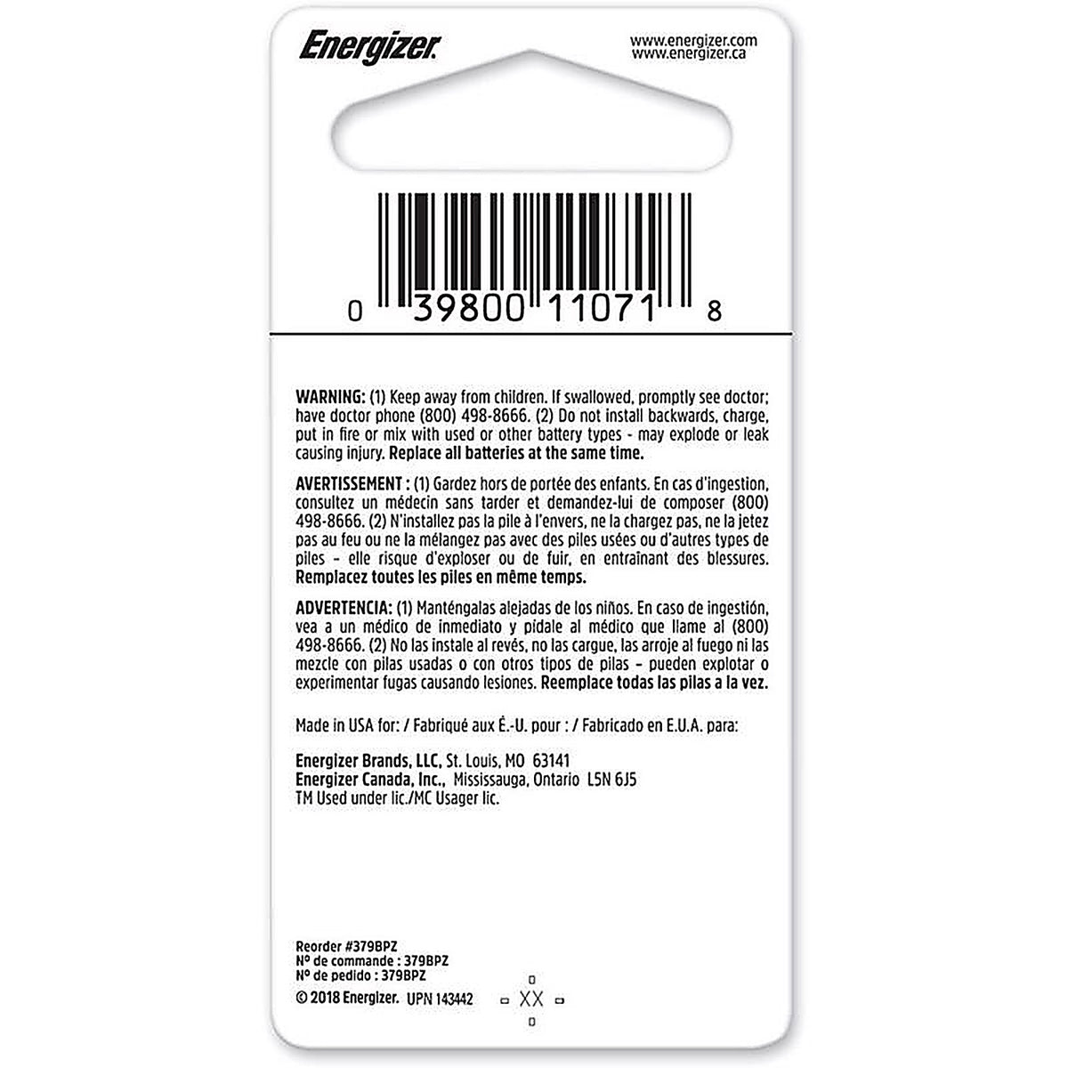 Energizer - 379BPZ - Silver Oxide 379 1.5 V 0.01 Ah Electronic/Watch Battery 1 pk