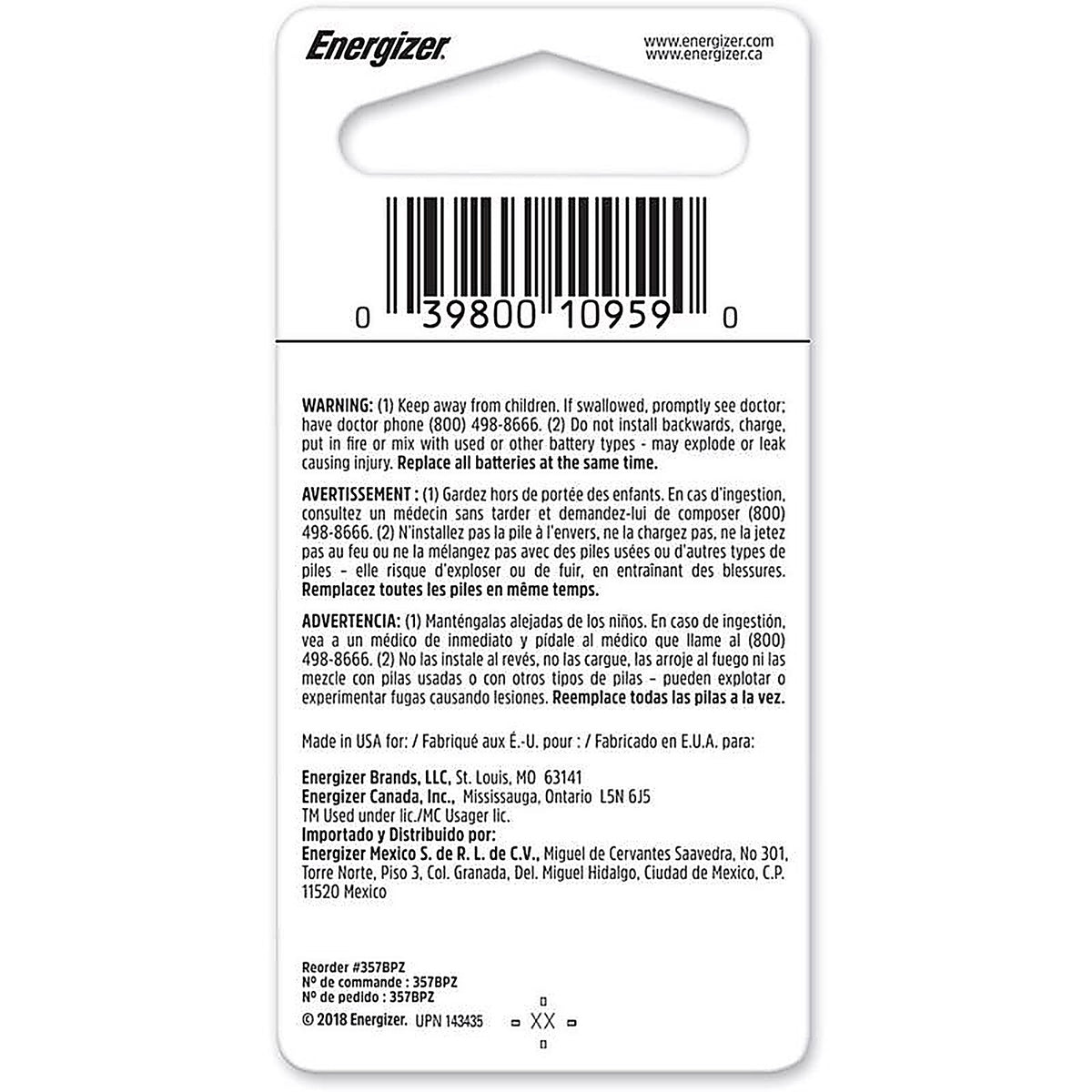 Energizer - 357BPZ - Silver Oxide 303/357 1.55 V 0.15 Ah Electronic/Watch Battery 1 pk