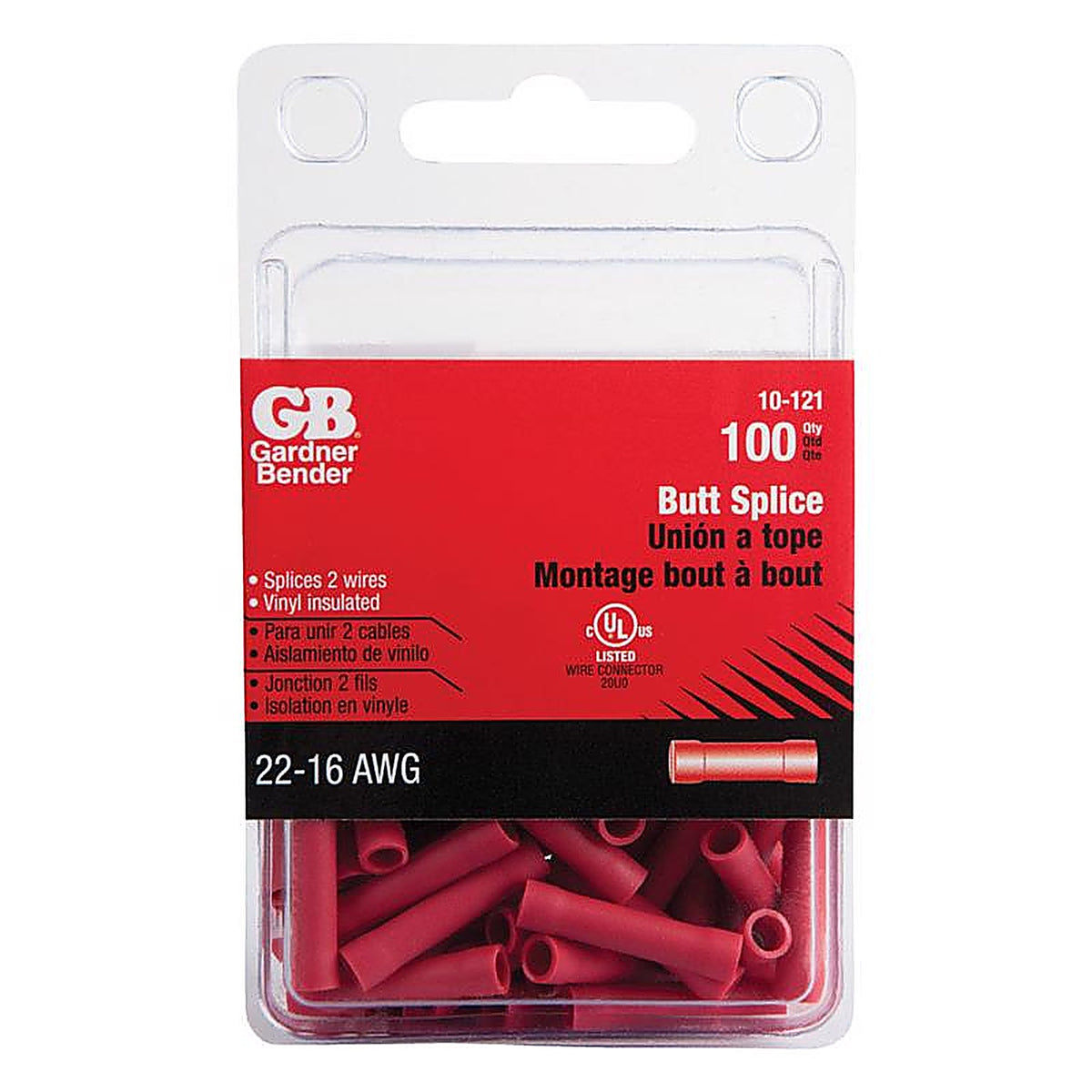 Gardner Bender - 10-121 - 22-16 Ga. Insulated Wire Butt Splice Red - 100/Pack