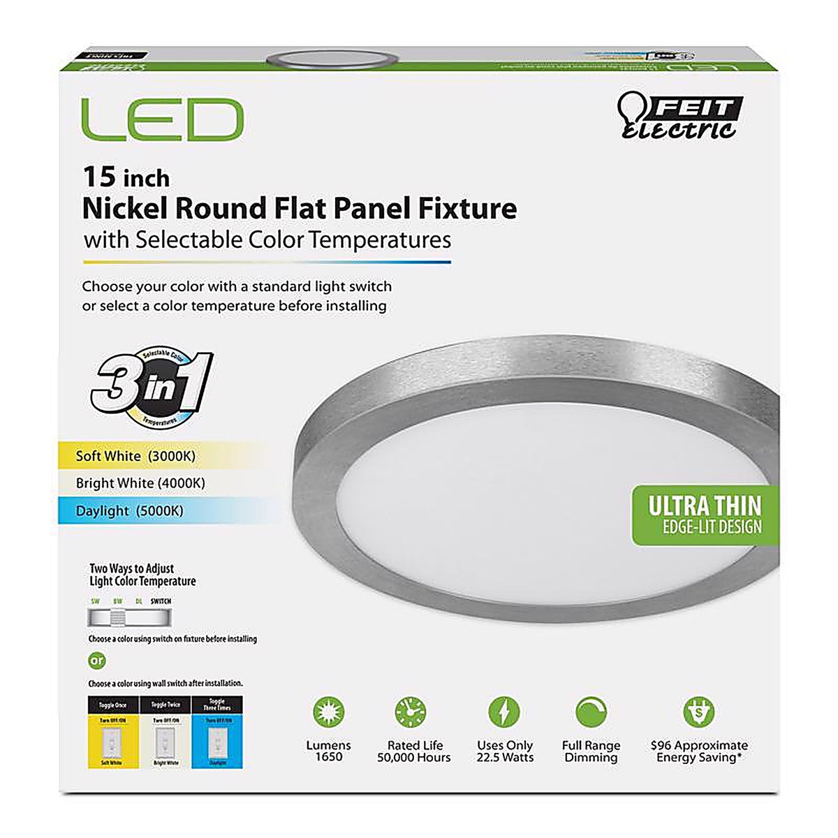 Feit Electric - FP15/4WY/NK - 15 in. H X 15 in. W X 15 in. L Nickel LED Flat Panel Light Fixture