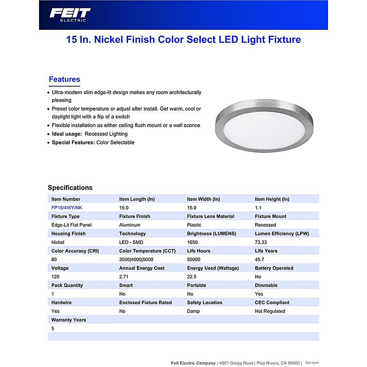 Feit Electric - FP15/4WY/NK - 15 in. H X 15 in. W X 15 in. L Nickel LED Flat Panel Light Fixture