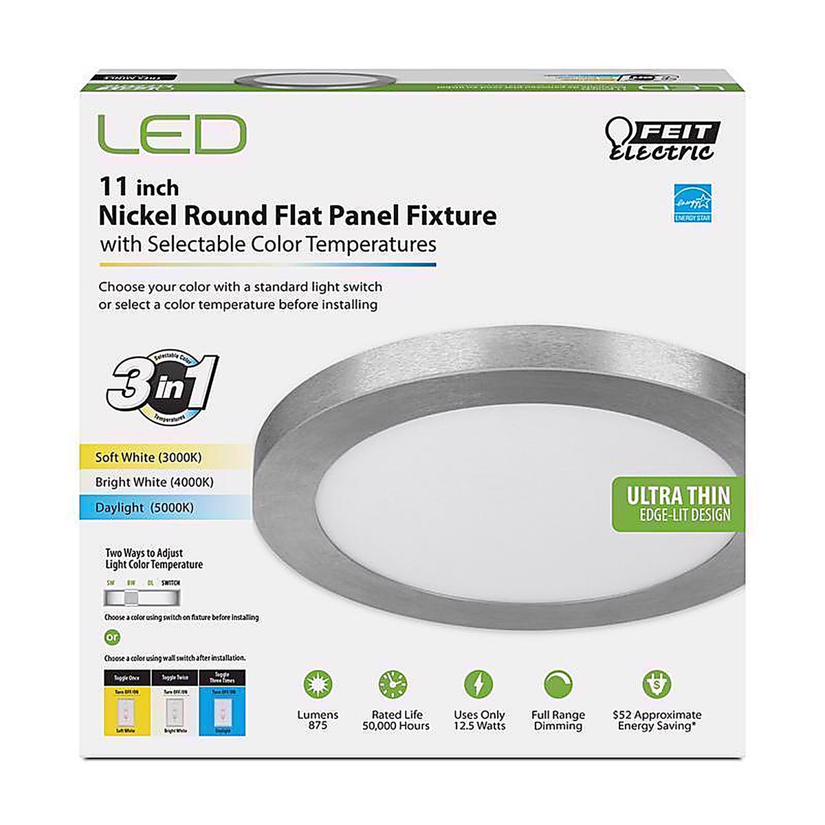 Feit Electric - FP11/4WY/NK - LED 11 in. W X 11 in. L Nickel LED Flat Panel Light Fixture