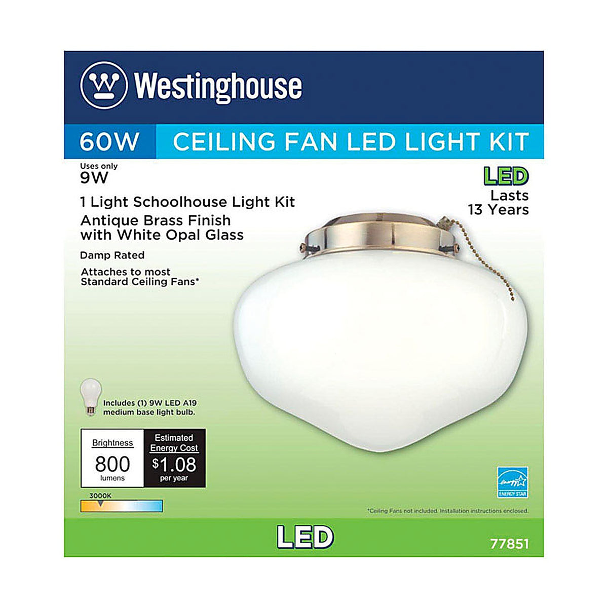 Westinghouse - 77851 - Antique Brass White Schoolhouse Ceiling Fan Light Kit