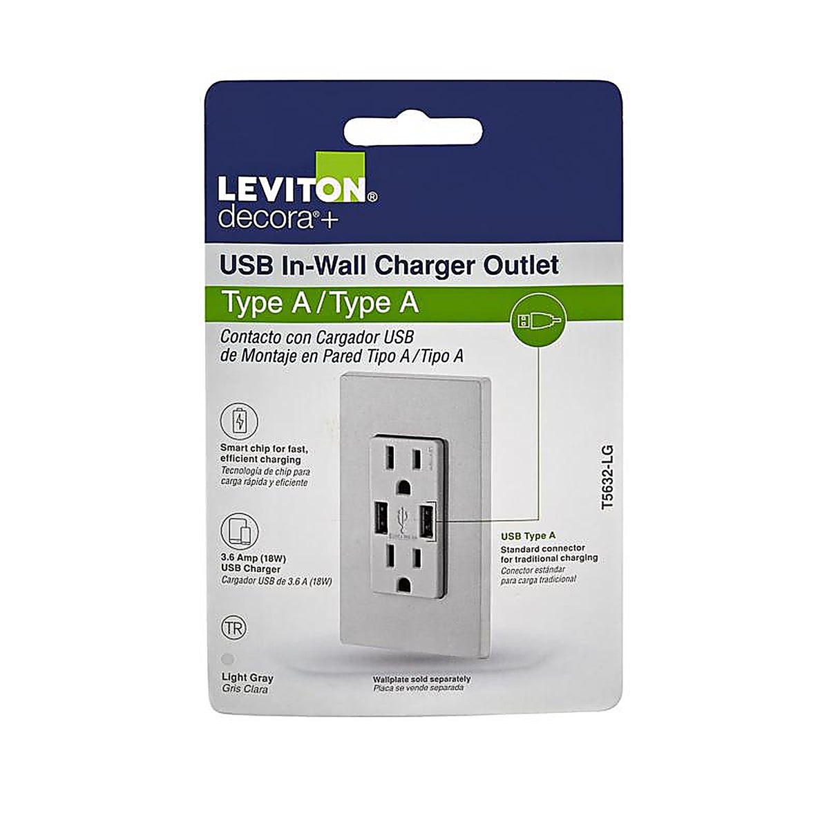 Leviton - T5632-GY - Decora 15 amps 125 volt Gray Outlet and USB Charger 5-15R