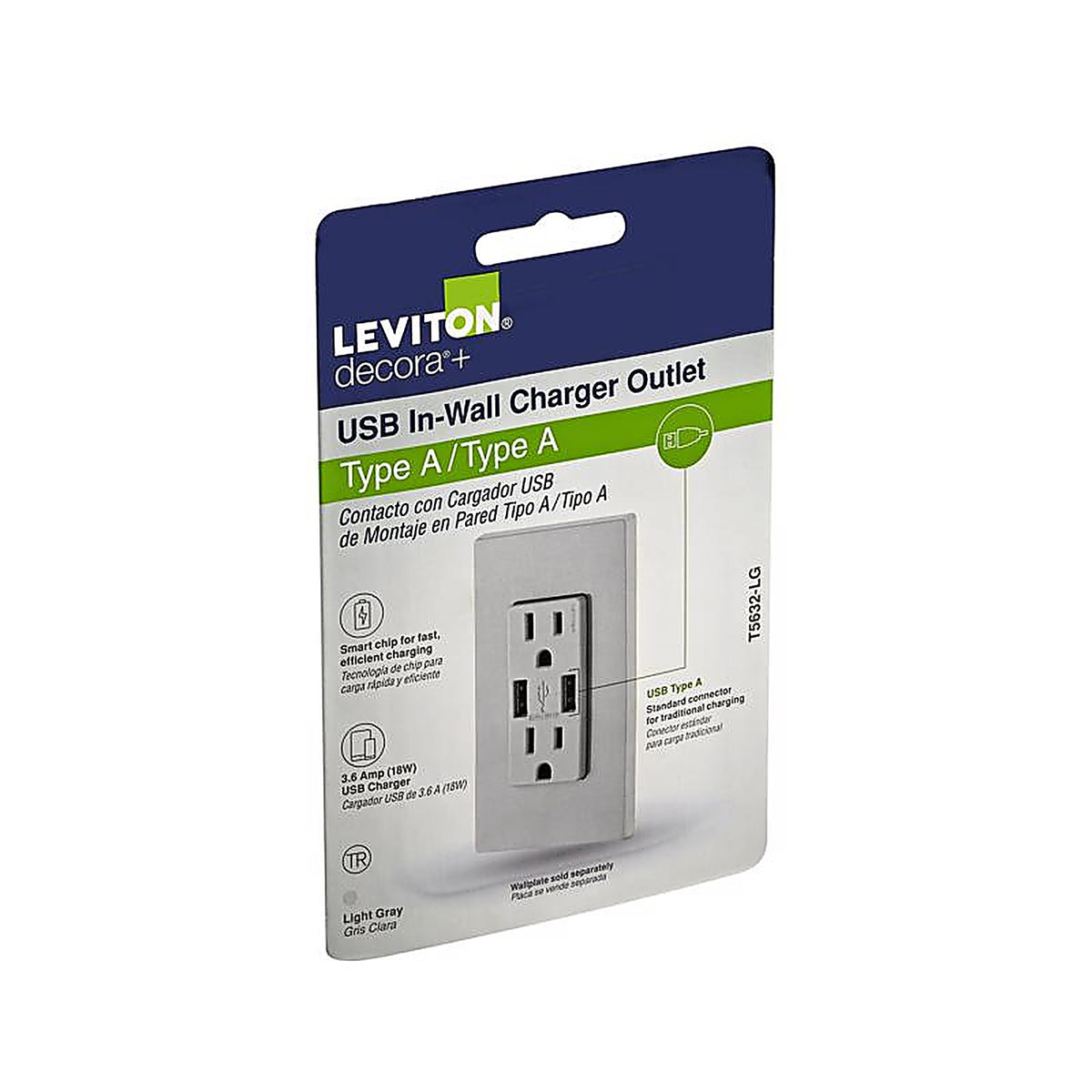Leviton - T5632-GY - Decora 15 amps 125 volt Gray Outlet and USB Charger 5-15R