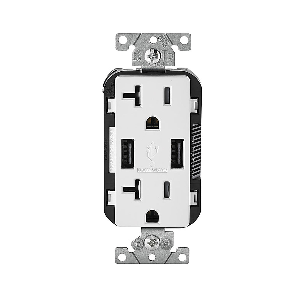 Leviton - T5832-W - Decora 20 amps 125 volt Duplex White Outlet and USB Charger 5-20R - 1/Pack
