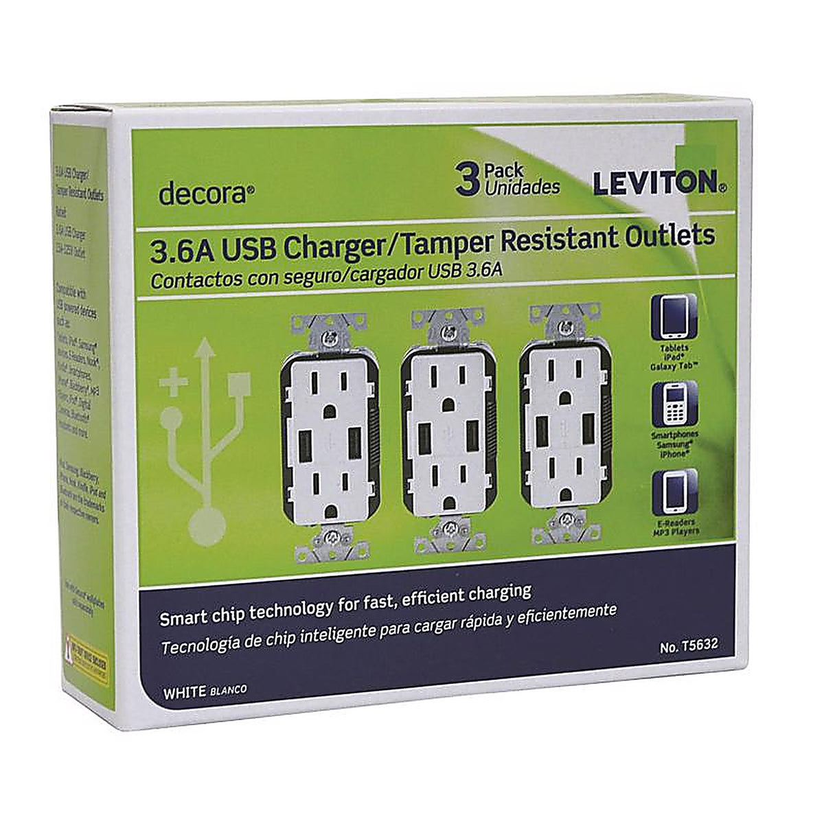 Leviton - T5632-3BW - Decora 15 amps 125 volt White Outlet and USB Charger 5-15R