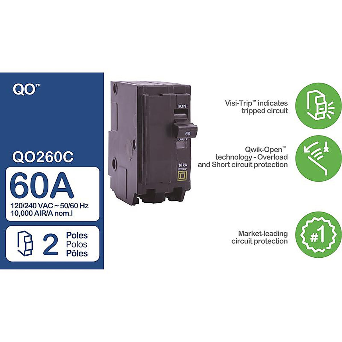 Square D - QO260C - QO 60 amps Standard 2-Pole Circuit Breaker