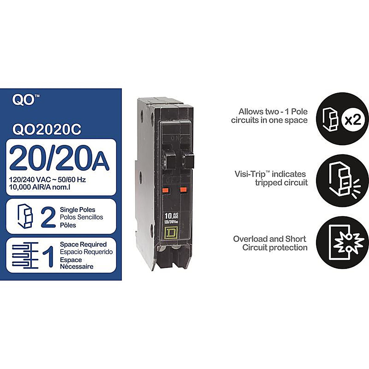 Square D - QO2020C - QO 20 amps Tandem Single Pole Circuit Breaker
