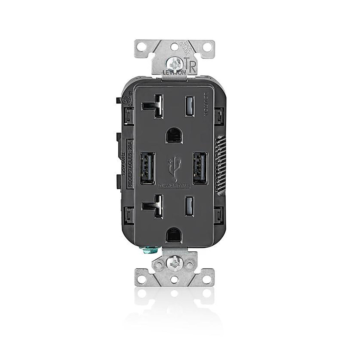 Leviton - T5832-E - Decora 20 amps 125 volt Black Outlet and USB Charger 5-20R - 1/Pack
