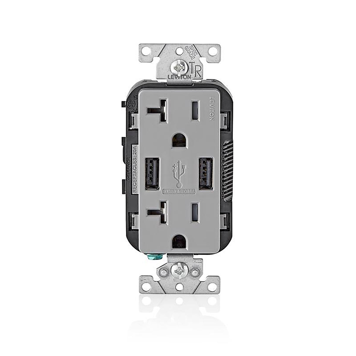 Leviton - T5832-GY - Decora 20 amps 125 volt Gray Outlet and USB Charger 5-20R - 1/Pack