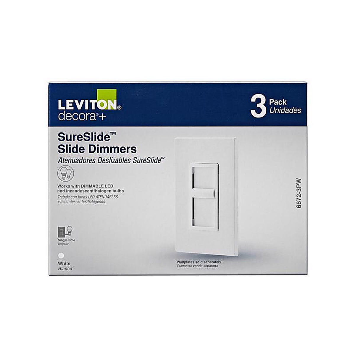 Leviton - 6672-3PW - Decora SureSlide White 600 watt Slide Dimmer Switch