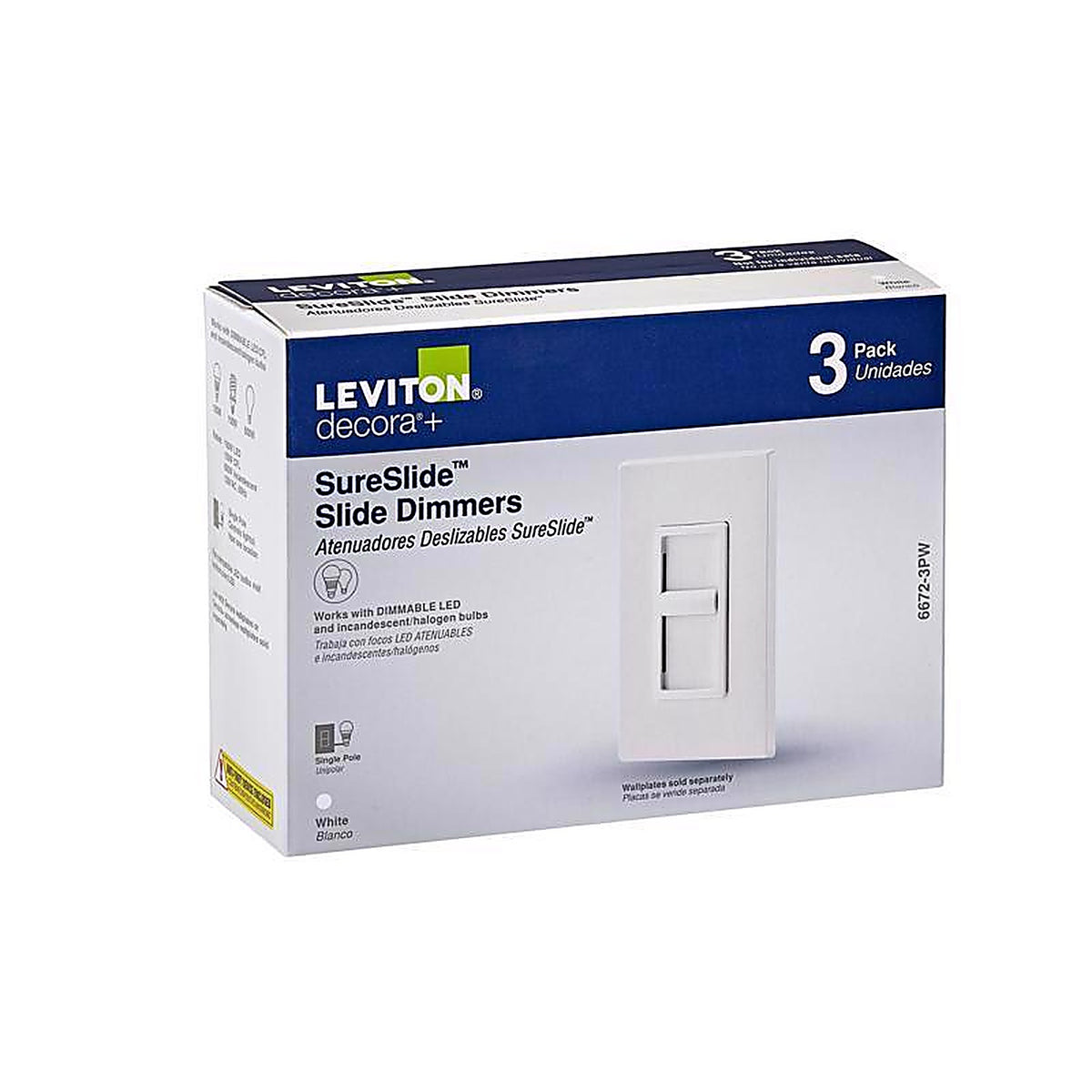 Leviton - 6672-3PW - Decora SureSlide White 600 watt Slide Dimmer Switch