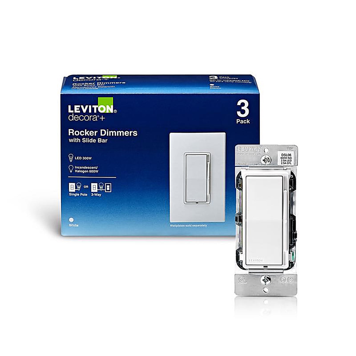 Leviton - DSL06-3PW - Decora White 600 watt Rocker Dimmer