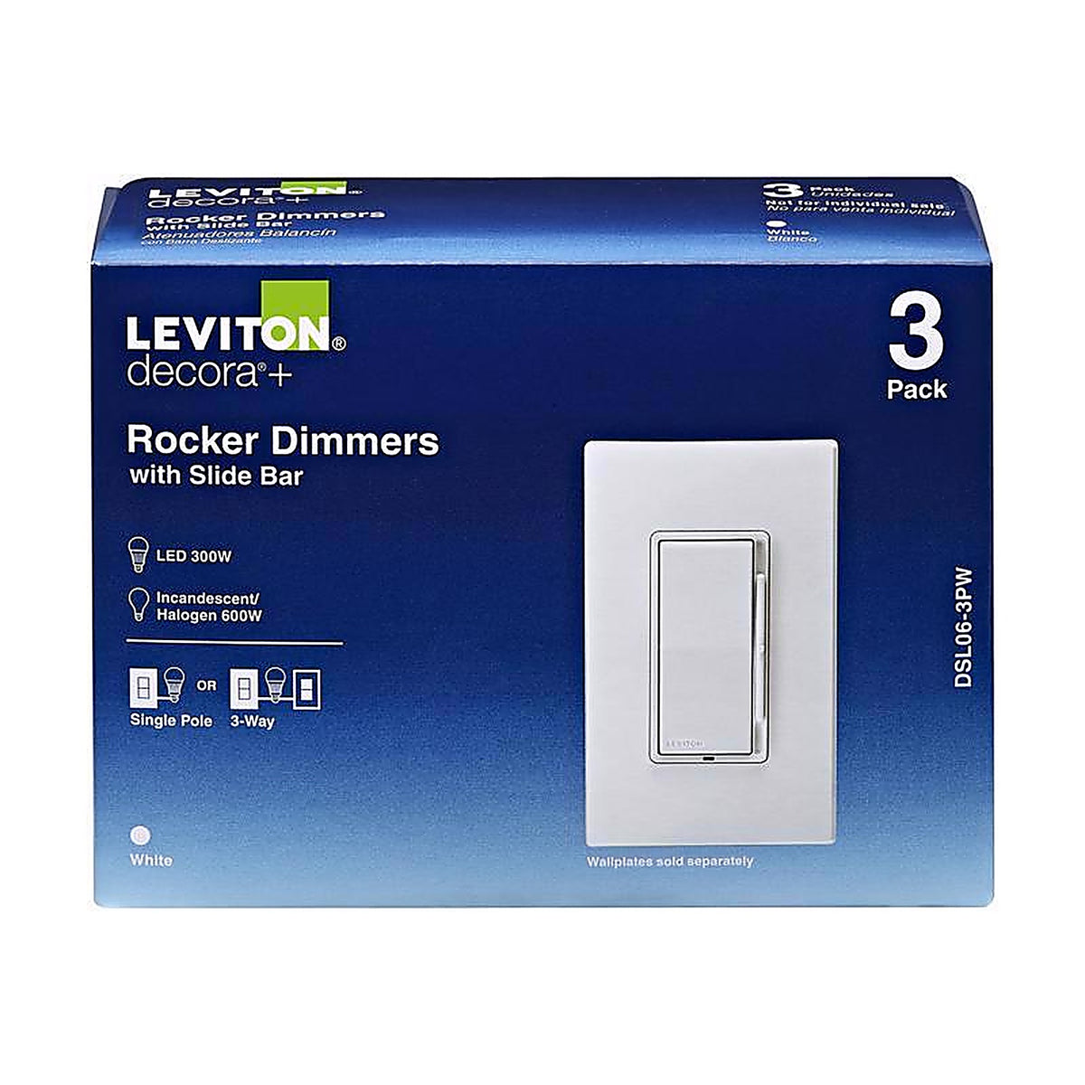 Leviton - DSL06-3PW - Decora White 600 watt Rocker Dimmer