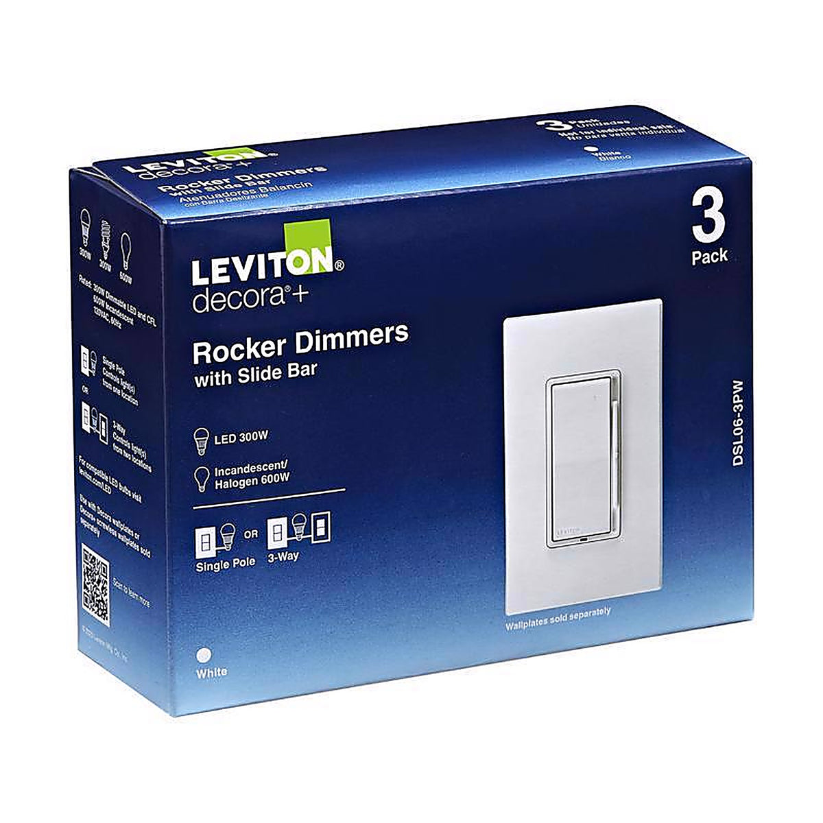 Leviton - DSL06-3PW - Decora White 600 watt Rocker Dimmer