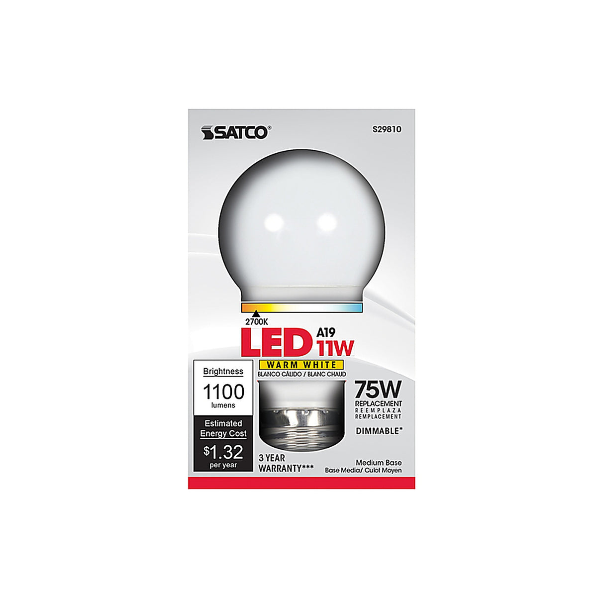 Satco - S29810 - A19 E26 (Medium) LED Bulb Warm White 75 Watt Equivalence 1 pk