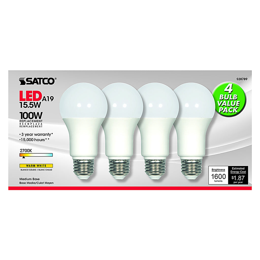 Satco - S28789 - A19 E26 (Medium) LED Bulb Warm White 100 Watt Equivalence 4 pk