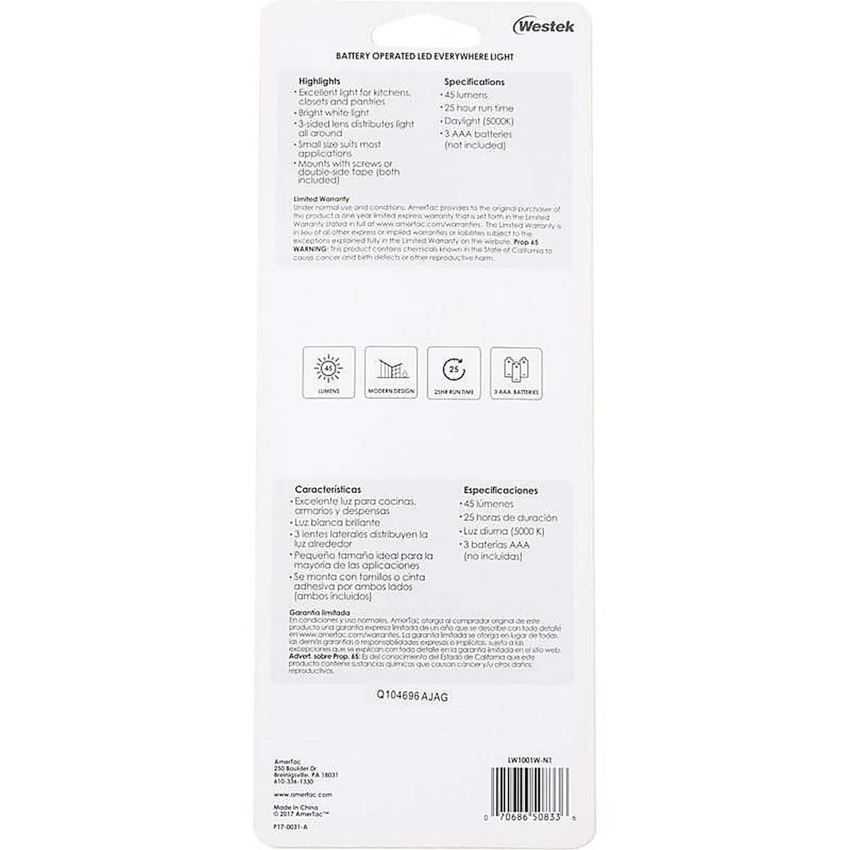 Westek - LW1001W-N1 - AmerTac Manual Battery Powered Adjustable LED Night Light