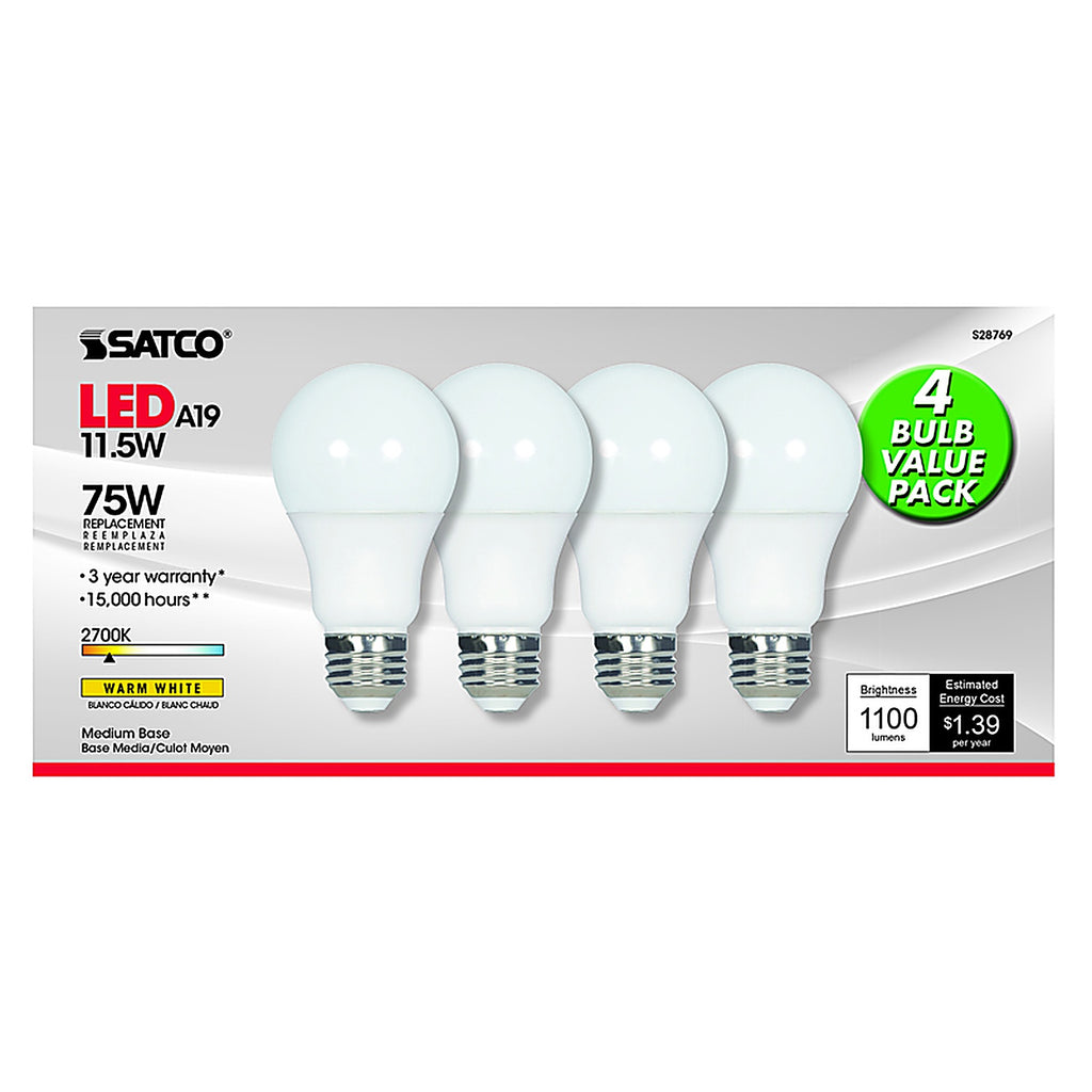 Satco - S28769 - Type-A A19 E26 (Medium) LED Bulb Warm White 75 Watt Equivalence 4 pk