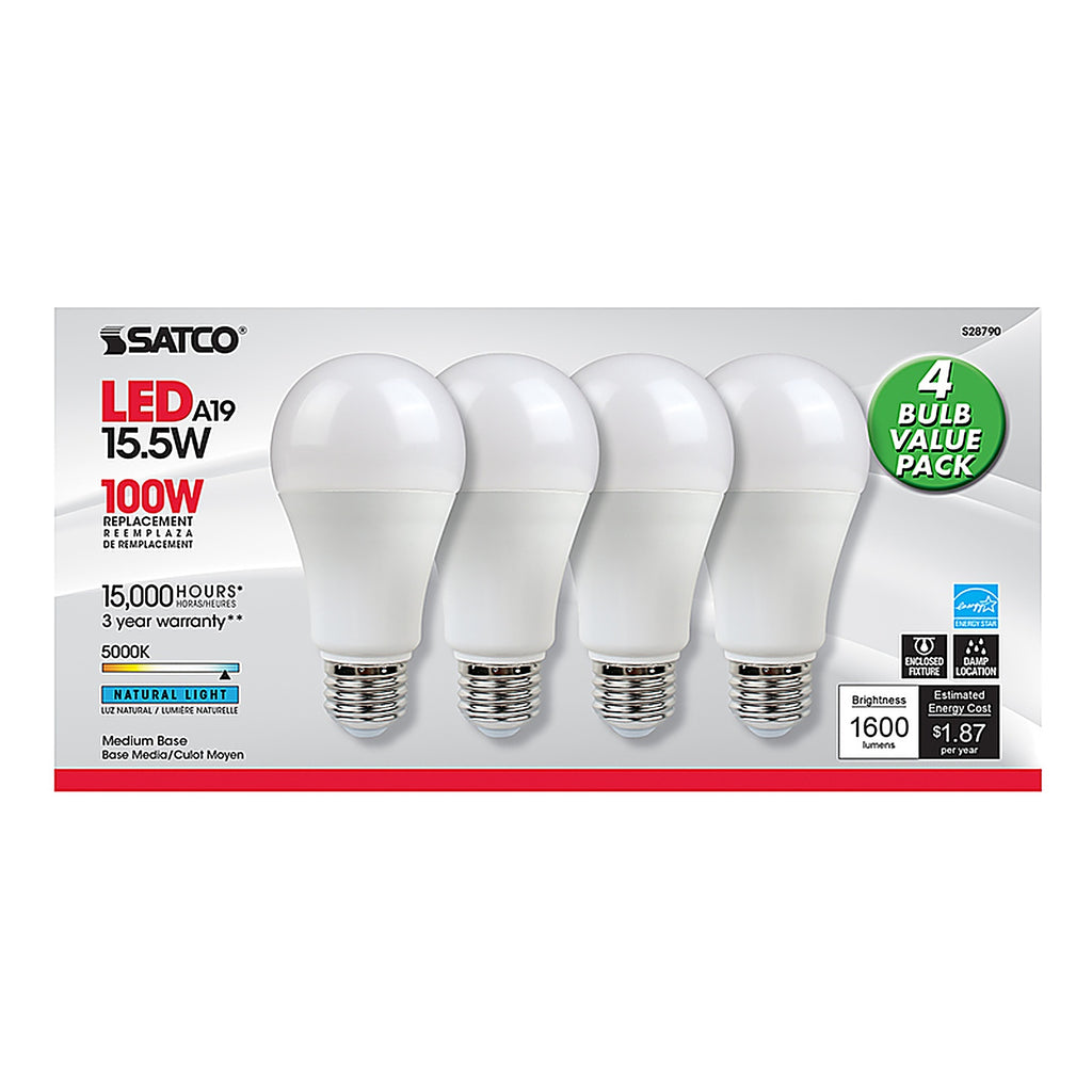 Satco - S28790 - Type A A19 E26 (Medium) LED Bulb Natural Light 100 Watt Equivalence 4 pk