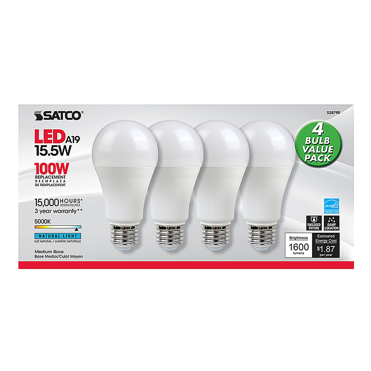 Satco - S28790 - Type A A19 E26 (Medium) LED Bulb Natural Light 100 Watt Equivalence 4 pk